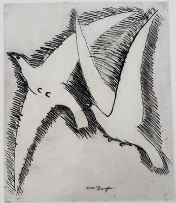 an ink drawing of a bird flying in the sky