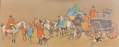 un tableau représentant une calèche tirée par des chevaux avec des personnes à bord