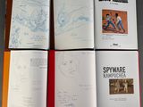 several pages of a book with drawings of people and animals on them