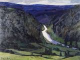 an oil painting of a river running through a lush green valley