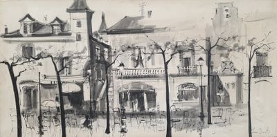 drawing of a large building with a clock tower in the middle of it
