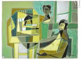 une peinture représentant une femme assise sur une chaise devant un miroir