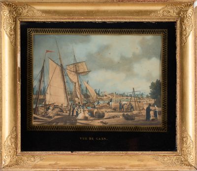 an old painting of a sailboat in a harbor with other boats in the background