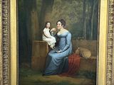 tableau représentant une femme tenant un enfant dans un décor boisé
