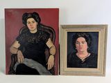 painting of a woman sitting in a chair next to a painting of a woman