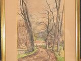 painting of a country road with trees and a house in the distance