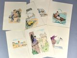 six cartes postales représentant des dessins d'enfants : un château, un bateau et un homme dans un bateau