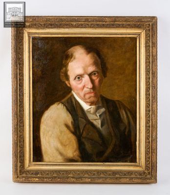 portrait d'un homme en gilet, à côté d'un tableau le représentant