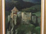 une peinture à l'huile représentant un château sur une colline, avec une montagne en arrière-plan