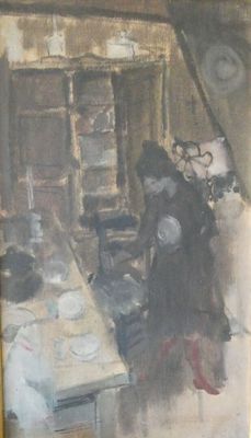 un tableau représentant une femme dans une cuisine, avec des casseroles et des poêles posées sur une table