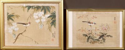 two framed asian paintings of birds and flowers in a gold frame