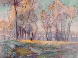 l'image d'une peinture représentant une rivière avec des arbres en arrière-plan
