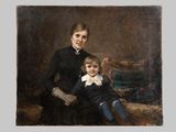 an old painting of a woman and a child sitting on a couch