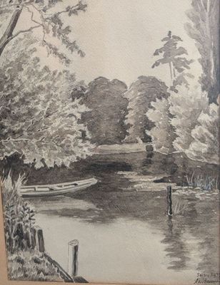 dessin représentant un bateau sur une rivière au milieu d'une zone boisée