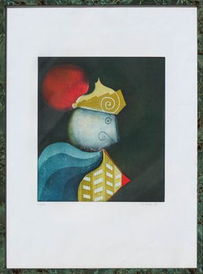 tableau représentant un chat coiffé d'une couronne et tenant une balle rouge
