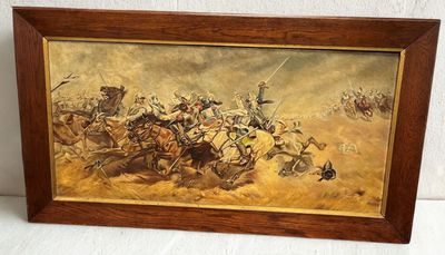 un tableau représentant un groupe d'hommes à cheval dans le désert