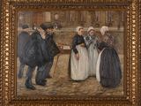 painting of a group of people standing in a courtyard with a building in the background