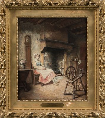 an image of a painting of a woman sitting in front of a fire place