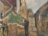 an oil painting of a street in a small town with buildings