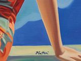 a painting of a woman walking on the beach with her hand in her pocket