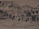 drawing of a street scene with buildings and people walking down the street