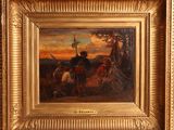 an image of a painting of a man riding a horse in a field