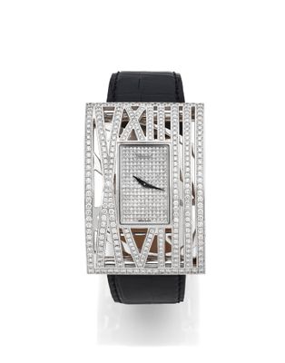 a lady ' s watch with diamonds and black leather strap