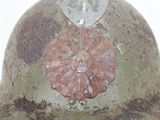 a close up of a helmet with a flower on it