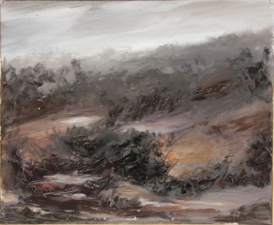 une peinture à l'huile représentant un paysage avec des arbres et une montagne en arrière-plan