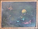 a painting of birds and a ball on a blackboard
