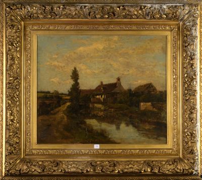 a painting of a farm scene with a river and a house in the background