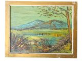 l'image d'un tableau représentant un paysage avec une montagne en arrière-plan