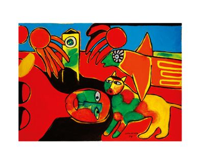 an abstract painting of a cat and a bird on a red background