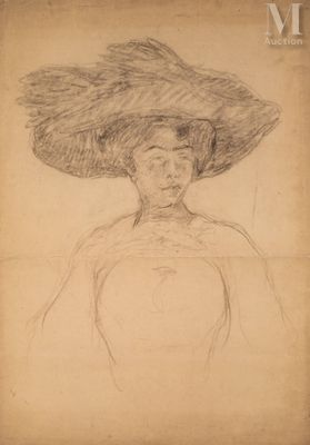 an old drawing of a woman with a large hat on her head