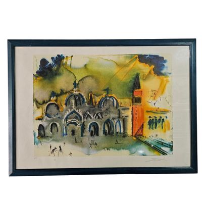 framed watercolor painting of a church with a clock tower