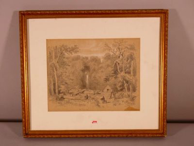 an old drawing of a man and a dog in a wooded area