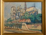 une peinture à l'huile représentant un grand bâtiment surmonté d'une tour horloge