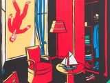 an image of a painting of a room with a red wall and a red chair