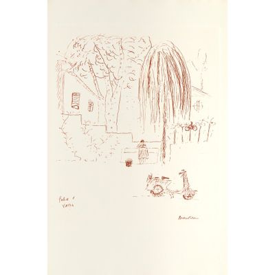 un dessin représentant une maison et un chien dans le jardin