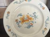 a man holding a plate with a floral design on it