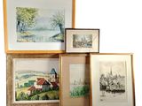 quatre aquarelles encadrées représentant un village et une église