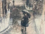 a drawing of a woman with an umbrella walking in the rain