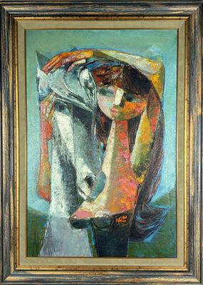 une peinture à l'huile représentant une femme portant un foulard sur la tête