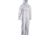 a white coverall with orange trims and a hood