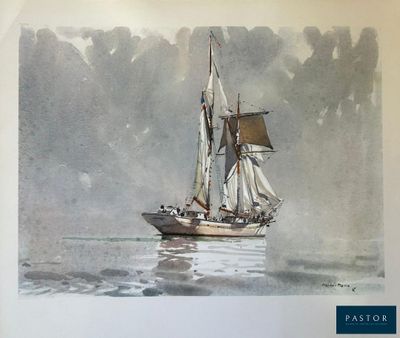 une peinture représentant un voilier naviguant sur l'eau