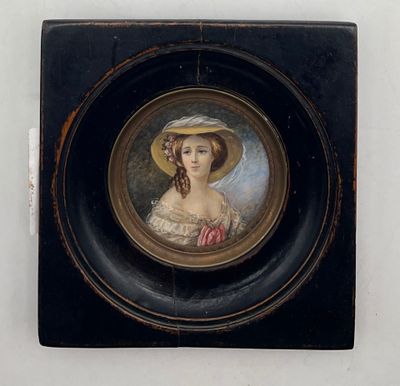 painting of a woman in a straw hat in a black frame