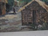 a painting of a small cabin on the side of the road