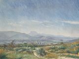 painting of a view of a valley with hills in the distance