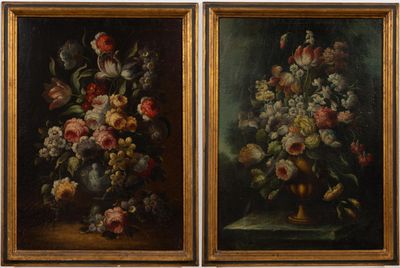 two paintings of flowers in a vase on a table next to each other