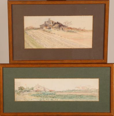 two watercolor paintings of a farm and a farm house